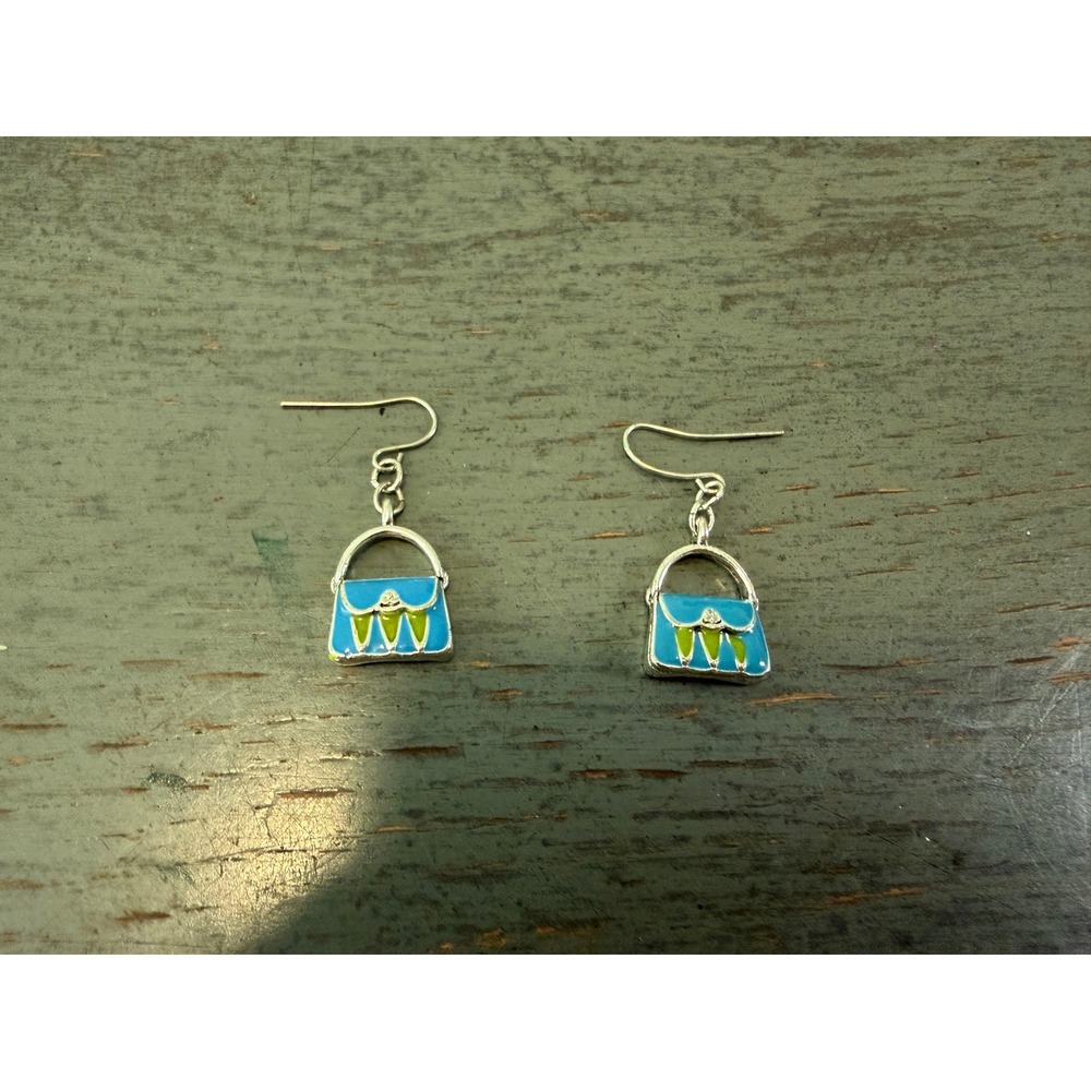 Silver Tone Blue Green Enamel Handbag Purse Dangle Drop Earrings French Hook